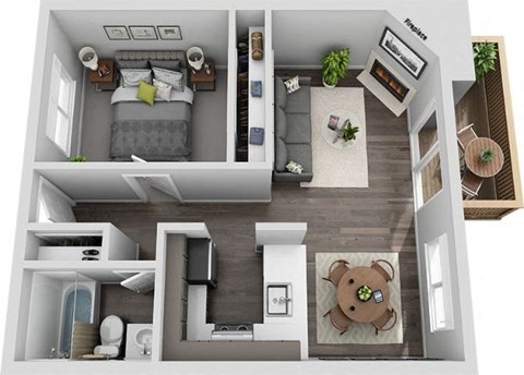 Floor plan for 1 bed, 1 bath, 570 sqft